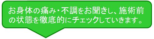 お身体の痛み・不調をお聞きし、施術前の状態を徹底的にチェックしていきます。