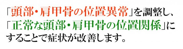 「頭部・肩甲骨の位置異常」を調整し、「正常な頭部・肩甲骨の位置関係」にすることで症状が改善します。